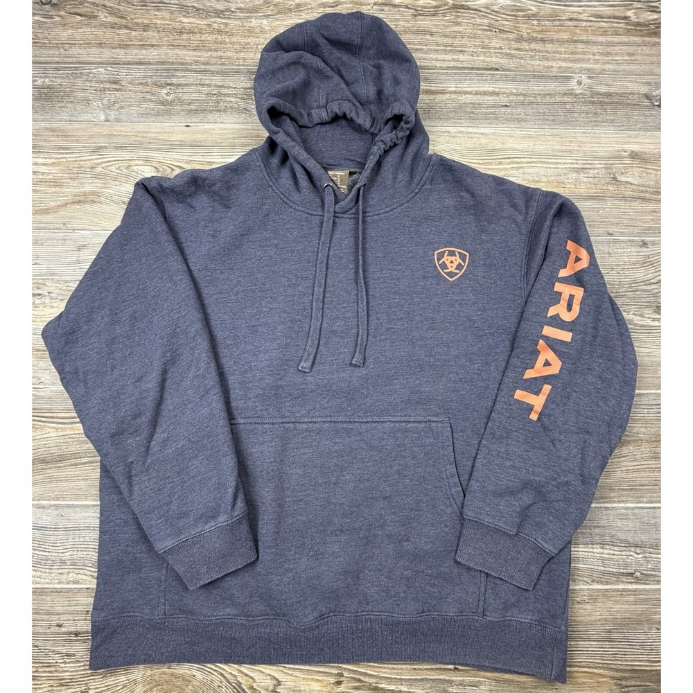 Ariat Hoodie Sweatshirt Mens XL Blue Pullover Fleece Logo‎ On Sleeve HAS A HOLE